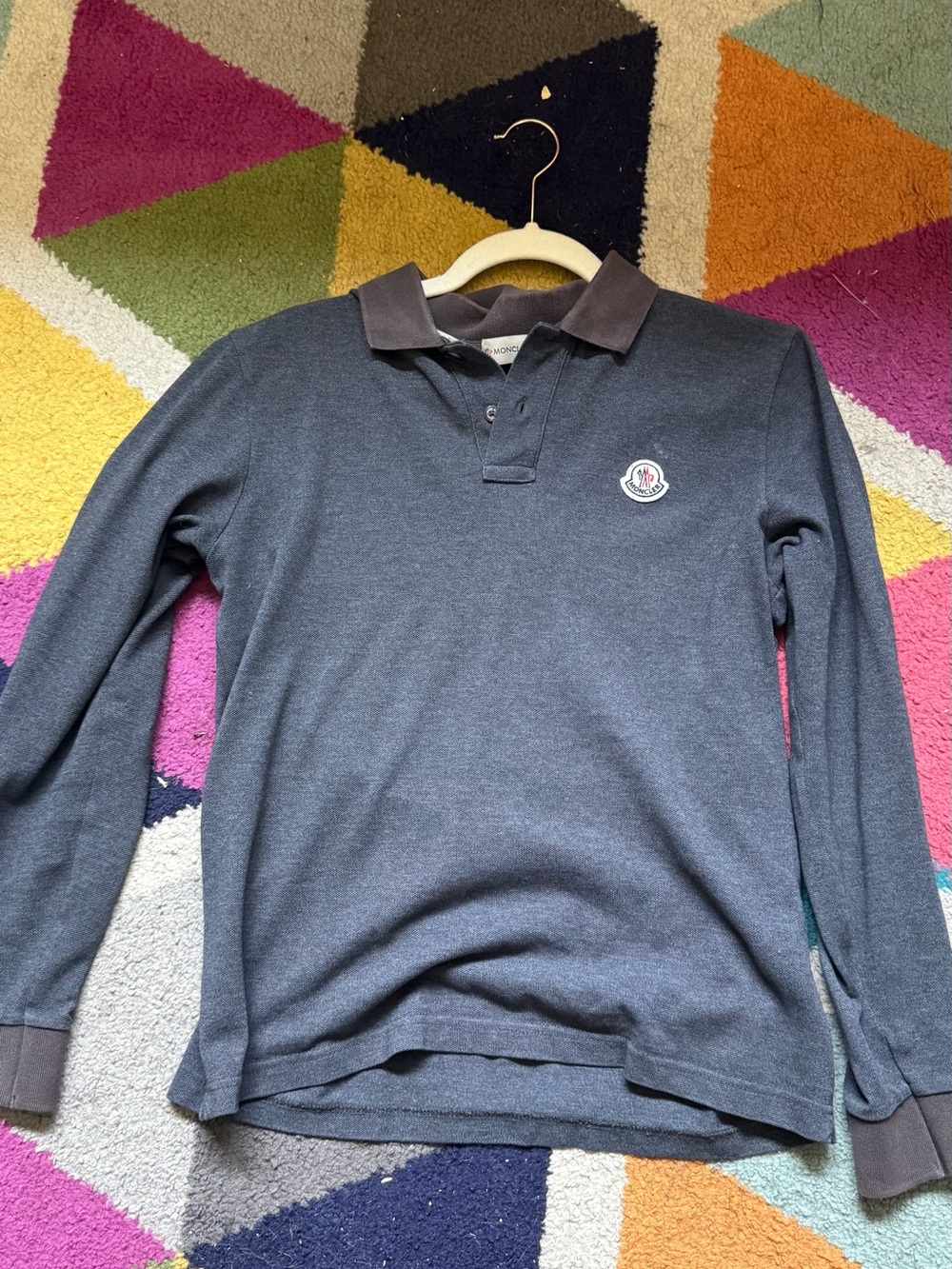 Moncler Long-Sleeve Polo Shirt in Charcoal Gray with Dark Collar